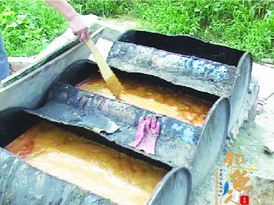 鱼塘旁放着四五个铁桶，里面装着泔水 